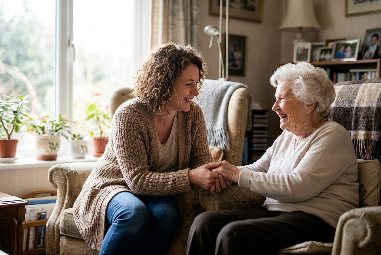 A Personal Touch caregiver sharing a warm, happy moment with an elderly client at home