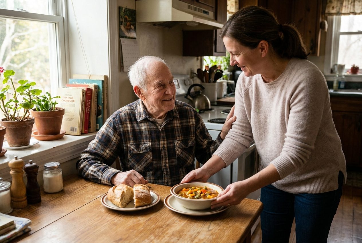 A Personal Touch caregiver serving a warm home-cooked meal to a smiling elderly gentleman